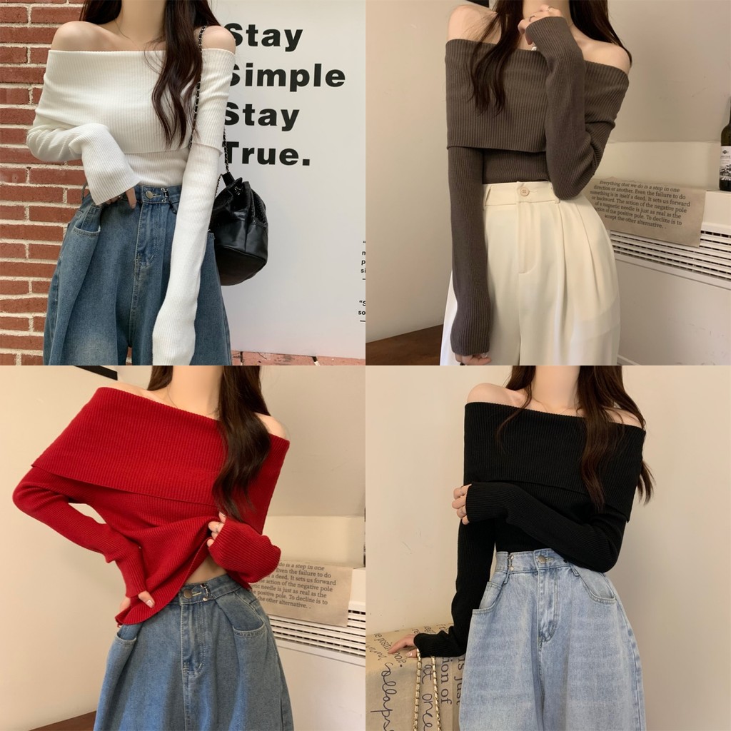 Anne เสื้อยืดผู้หญิง ไหมพรม สีพื้น ปาดไหล่ เข้ารูป ผ้านิ่ม เสื้อแขนยาว สไตล์เกาหลี แฟชั่น #M335/98117-1