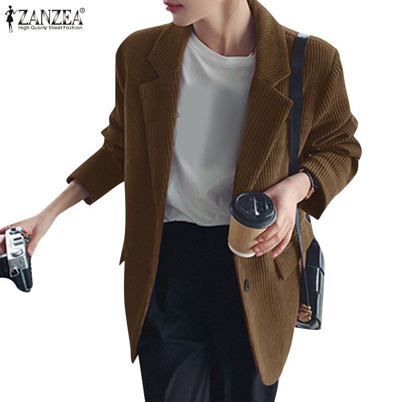 Zanzea เสื้อเบลเซอร์หลวมแขนยาวสีทึบลําลองเกาหลีสําหรับผู้หญิง