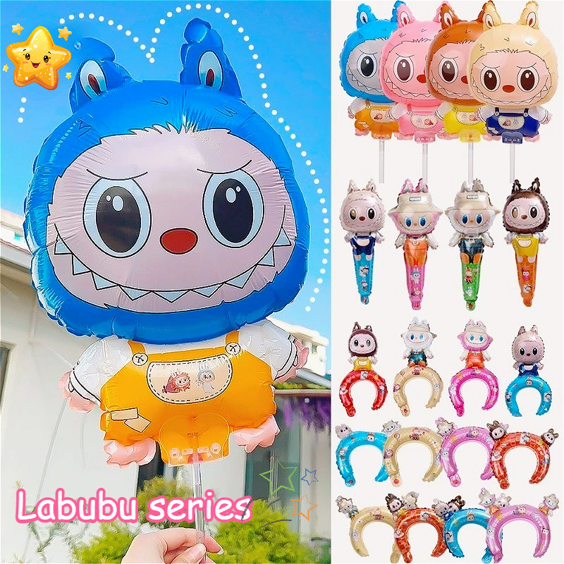 การ์ตูน Labubu ฟิล์มฟอยล์บอลลูนแถบคาดศีรษะมือถือ Stick คลิปบอลลูนผู้ใหญ่เด็กวันเกิดตกแต่งคริสต์มาสของขวัญ Photo Prop