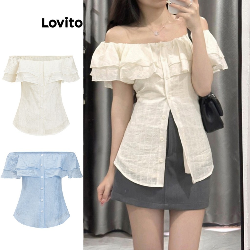 Lovito เสื้อเบลาส์ผู้หญิง มีกระดุม แต่งระบาย สีพื้น สไตล์ลำลอง L79AD128(หลากสี)