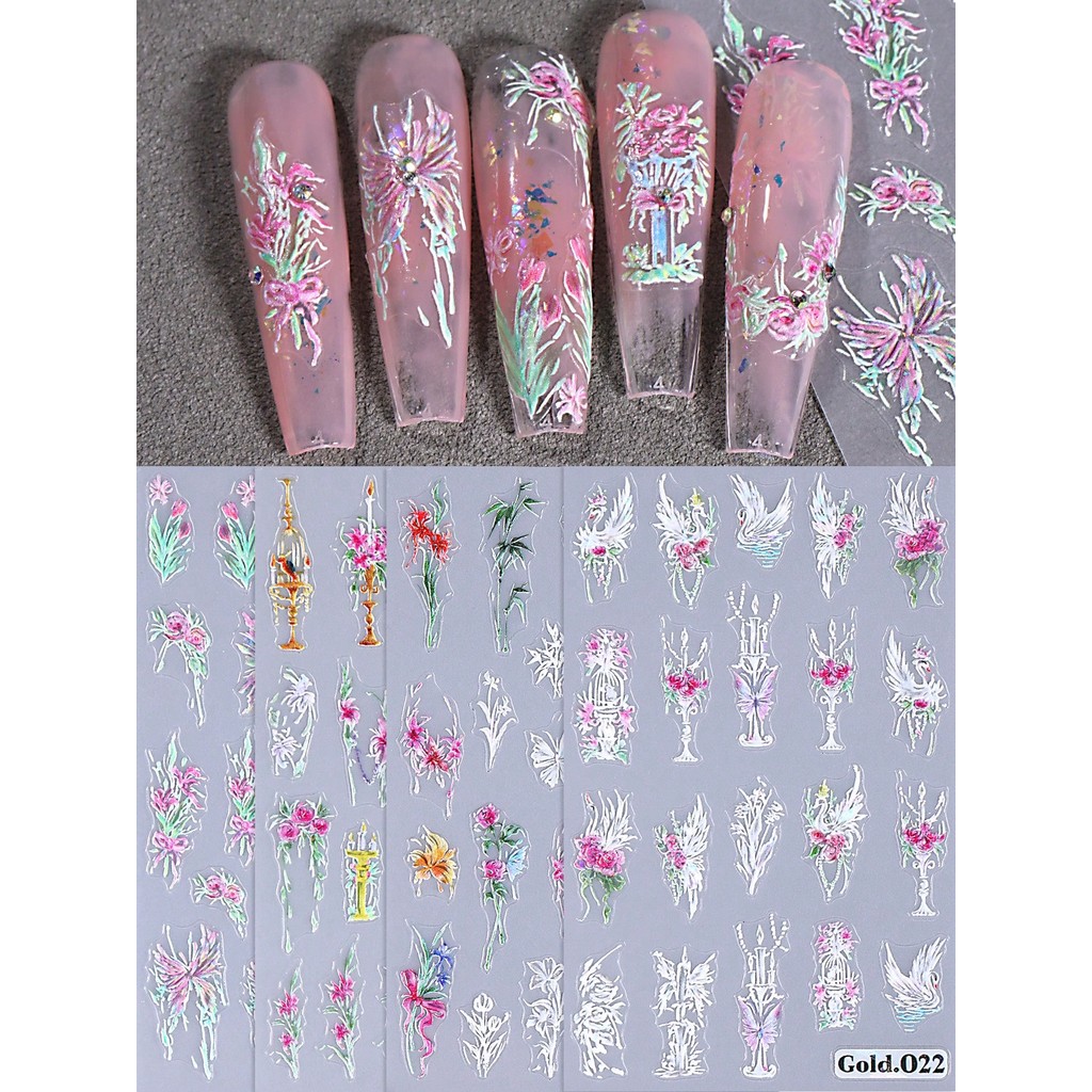 เชิงเทียนหงส์ 3D สติ๊กเกอร์ติดเล็บ Rose ผีเสื้อดอกไม้โบว์สีน้ําสไตล์โรแมนติก Elegant Design Self-Adhesive Nail Decals Nail Art Sliders DIY ตกแต่งเล็บสําหรับผู้หญิงและGi