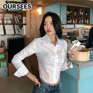 OURSEEZ Women Plain White Blouse Casual Long Sleeved Skinny Crop Top