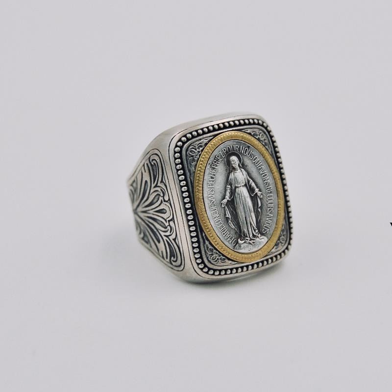 ยุโรปอเมริกัน 925 เงิน Hand-Inlaid Retro Artistic Belief Holy ยี่ห้อโบราณเหรียญแหวนผู้ชายเปิดแหวนปรับ