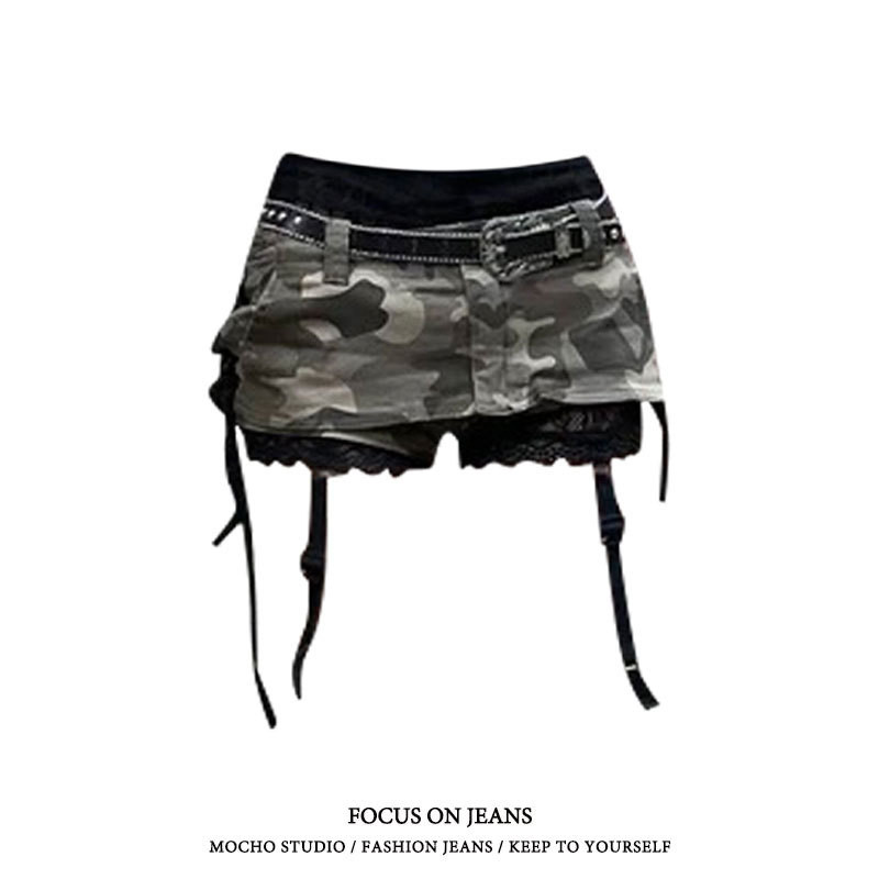 สไตล์อเมริกัน y2k สาวร้อนขนาดใหญ่ล้าง Retro Camouflage Denim Super กระโปรงสั้นหญิงเซ็กซี่ Hip-Covered Slimmer ดู A-Line กระโปรง