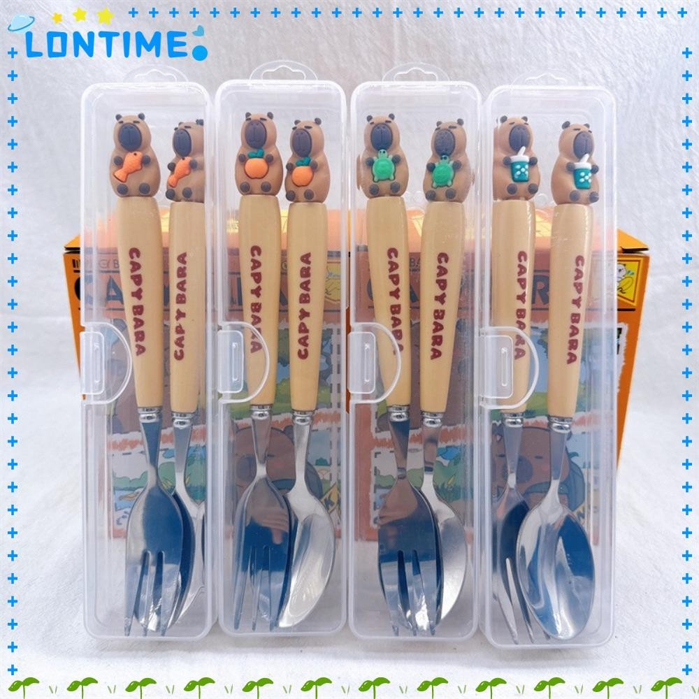Lontime ชุดช้อนส้อมชุดอาหารเย็น, Capybara Travel ชุดช้อนส้อมแบบพกพา, การ์ตูนน่ารัก 304 สแตนเลสบนโต๊ะอาหารในครัวอุปกรณ์ครัว