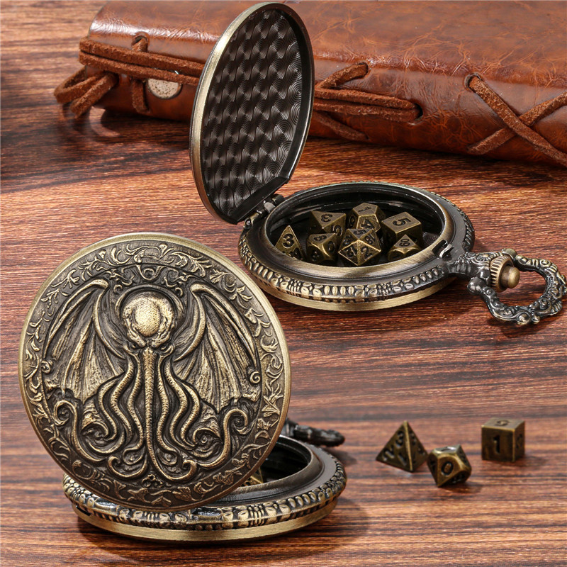 7pcs/set Tiny Metal Polyhedral Dice with Octopus Wings Pocket Watch Case Pendant Chain Table Role Play Gaming Accessory Dices