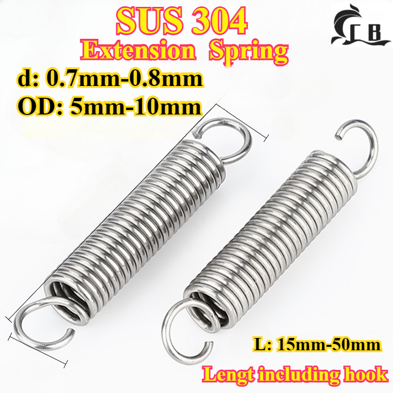 [CB-YSLH] 304 สแตนเลส สปริงแรงดึงพร้อมตะขอ สปริงแรงดึง (WD0.7mm/0.8mm * OD5mm-10mm * L15mm-50mm) สปริงแรงดึง