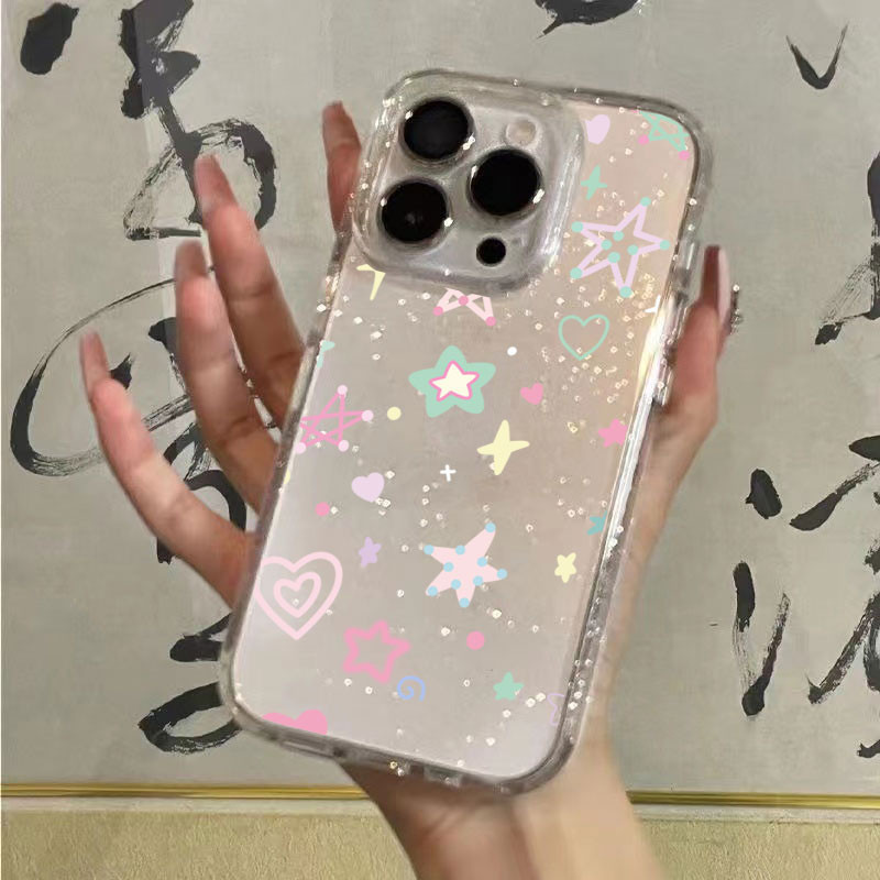 ผงเพชรแผ่นโปร่งใส เทรนด์แฟชั่น ดาวสีการ์ตูน for iPhone17 16 11 12 13 15 14plus 15 pro max XR 12 13pro 6P 7P 8P XS