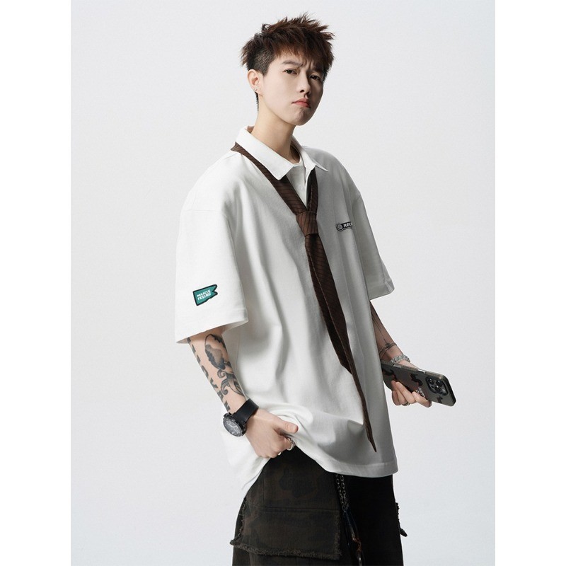 M-8XL เสื้อโปโลสีดําสไตล์เกาหลีผู้ชายขนาดบวกเสื้อยืดเรียบง่ายสบายๆหลวมแขนสั้นด้านบน - รูปที่ 5