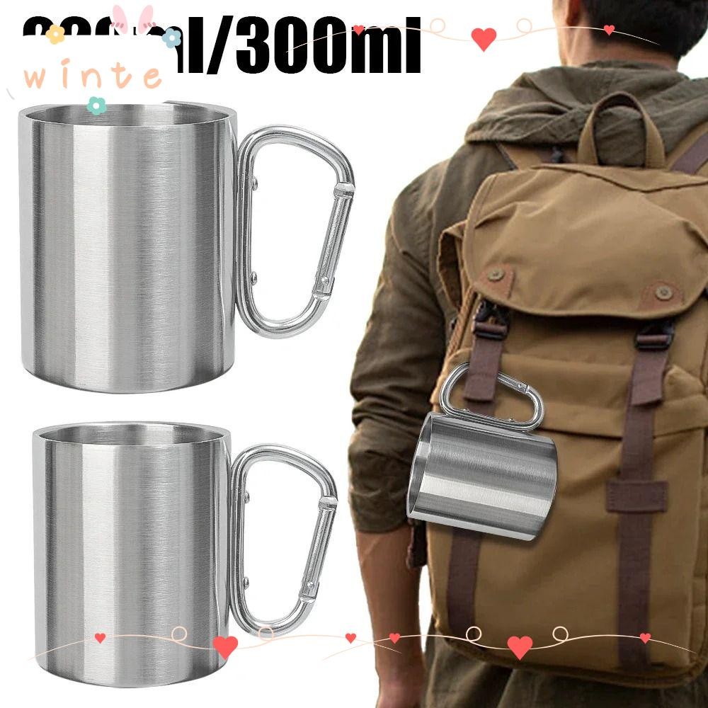 INTE 1 ชิ้นถ้วยสแตนเลส, 220/300 มิลลิลิตรมัลติฟังก์ชั่ Hike ถ้วย, Camping Travel Carabiner Hook Handle แบบพกพากลางแจ้ง Camping แก้ว