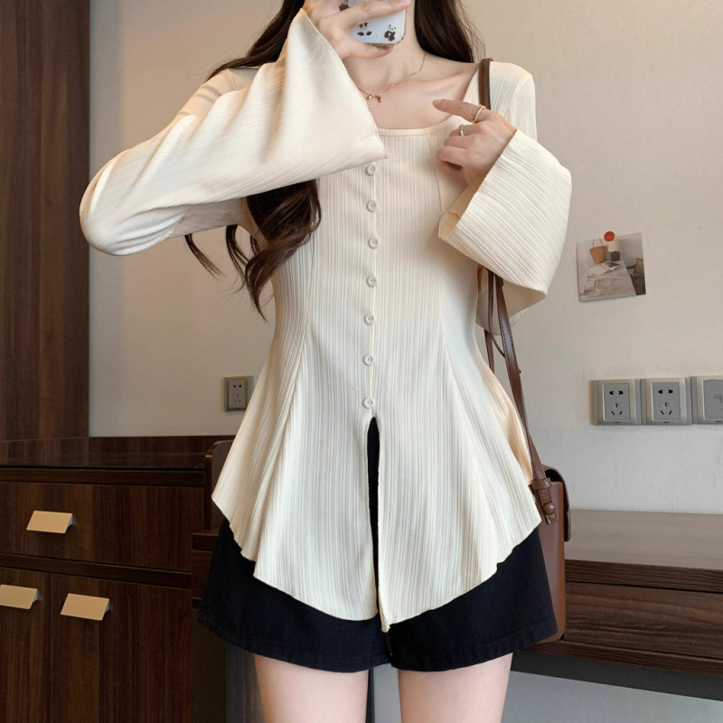 Peplum เสื้อผู้หญิงสไตล์เกาหลีติดตั้ง Flare แขนยาว Elegant Classy Textured สแควร์คอสุภาพสตรีเสื้อ