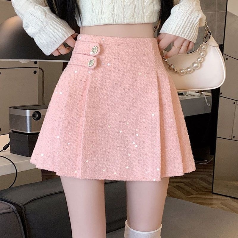 ใหม่ล่าสุด [6938 คนที่รวบรวม] กระโปรงสั้นสีชมพูประดับเลื่อมในสต็อก สไตล์ชาแนลฤดูใบไม้ผลิและฤดูใบไม้ร่วง กระโปรงพลีตสลิมมิ่ง ผ้าทวีตหนา กระโปรงเอวสูงแบบครึ่งตัว