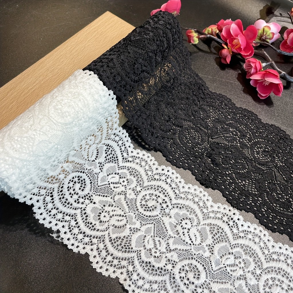 1.83 meter Black and White Elastic Lace Trim, 4-Inch Wide Stretchy Lace Ribbon for Skirt Hem, Clothi