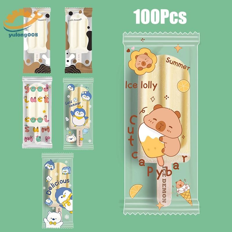 [MR] 100 ชิ้นน่ารักการ์ตูนอาหารเกรดถุงน้ําแข็งทิ้งพลาสติก Popsicle ฝาครอบป้องกันการจัดเก็บถุงบรรจุ D