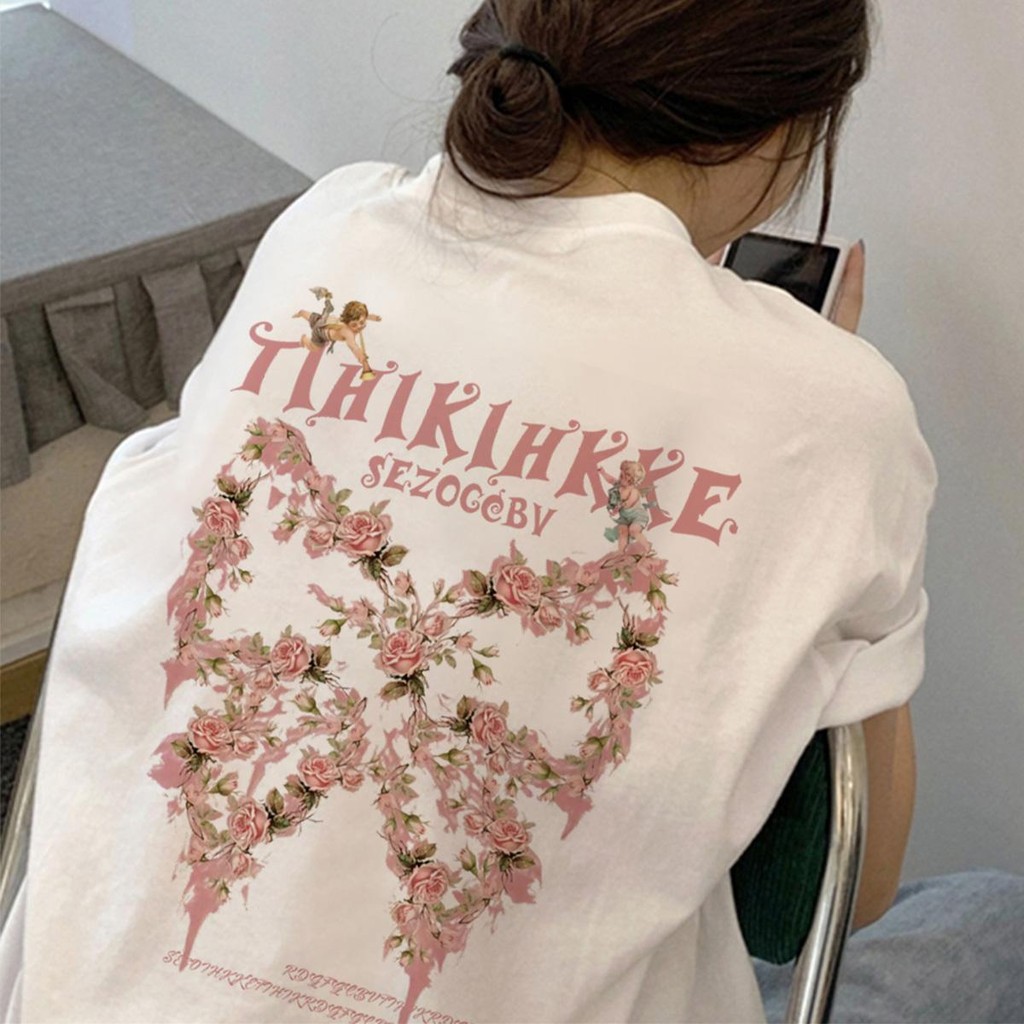 เกาหลี ผ้าฝ้าย100% เสื้อยืดแขนสั้น Oversize CMDXY0088 ผู้ชาย ผู้หญิง ลายทาง ตัวอักษร การ์ตูน หลวม ฤดูร้อน ฤดูใบไม้ผลิ