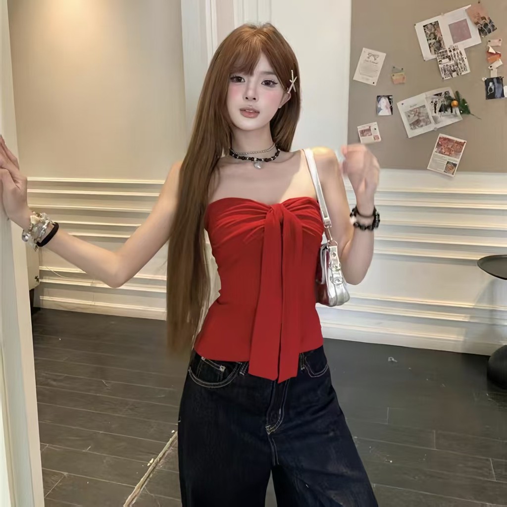 PrettyLady เสื้อเกาะอกโบว์รุ่นใหม่ สินค้าใหม่ประจำฤดูร้อนปี 2025 สายเดี่ยวแขนกุด ทรงสวย สไตล์เซ็กซี่เกาหลี มีฟองน้ำในตัว