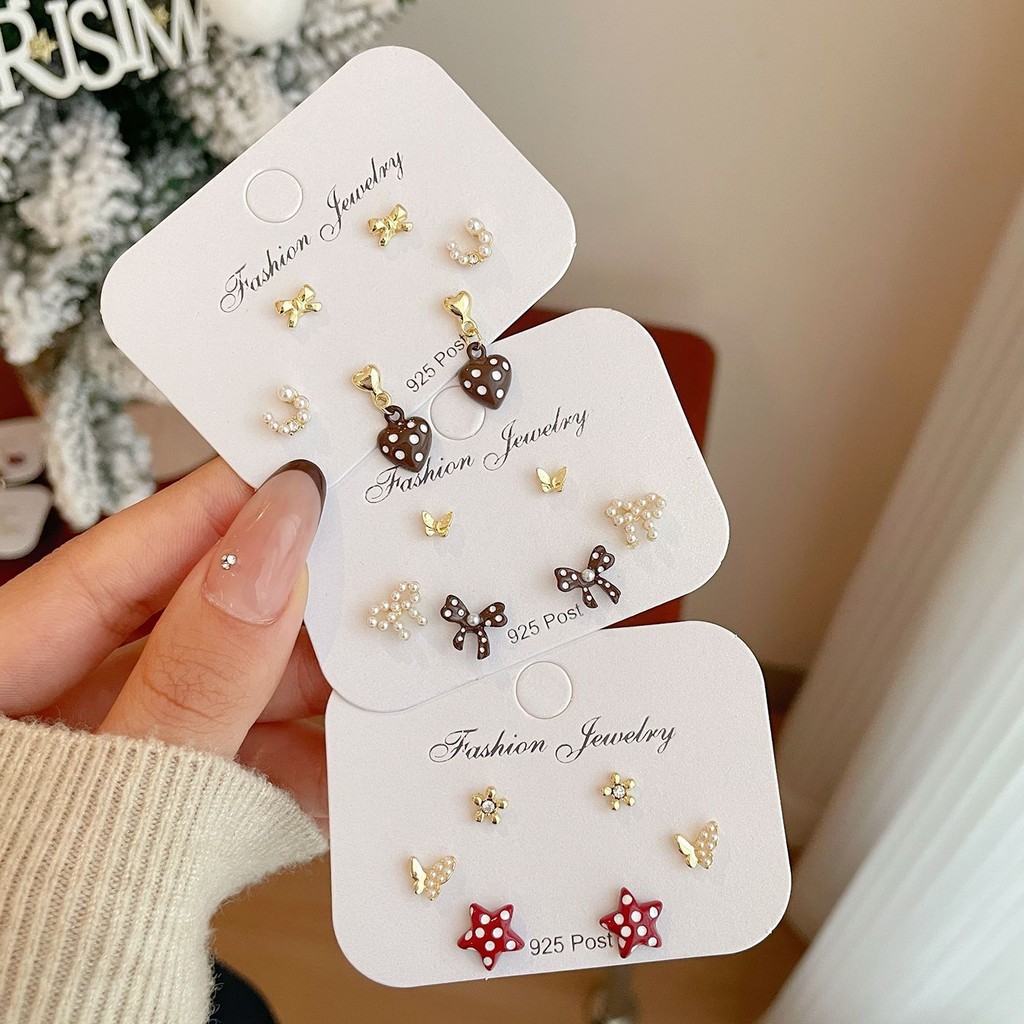 Polka Dot Bow ต่างหูผู้หญิงเกาหลีรุ่น Encore ต่างหูเข็มเงินสีแดงชุด ins ประณีต All-Match Sweet Love Heart ต่างหู