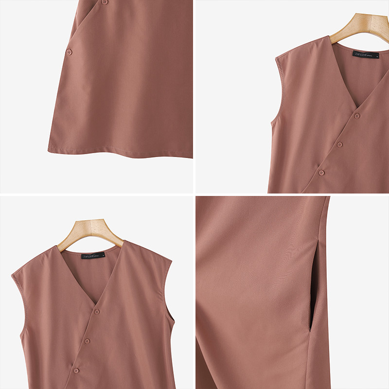 ZANZEA กระโปรงสไตล์เกาหลี ตัดแบบ A-Line มีกระเป๋าถังขนาดเล็กและปุ่มเอียงที่คอกลมย่นเรียบหรู - รูปที่ 7