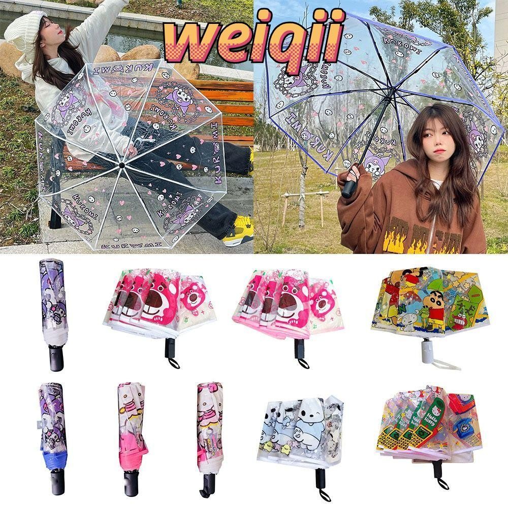 SANRIO WEIQII ร่มโปร่งใส,กันน้ําการ์ตูนIns Kuromi Melody Sanrioคู่มือร่มพับ,แบบพกพาCinnamon Hello Kittyกันฝนหนาเกียร์ฝนเด็กผู้หญิงของขวัญ