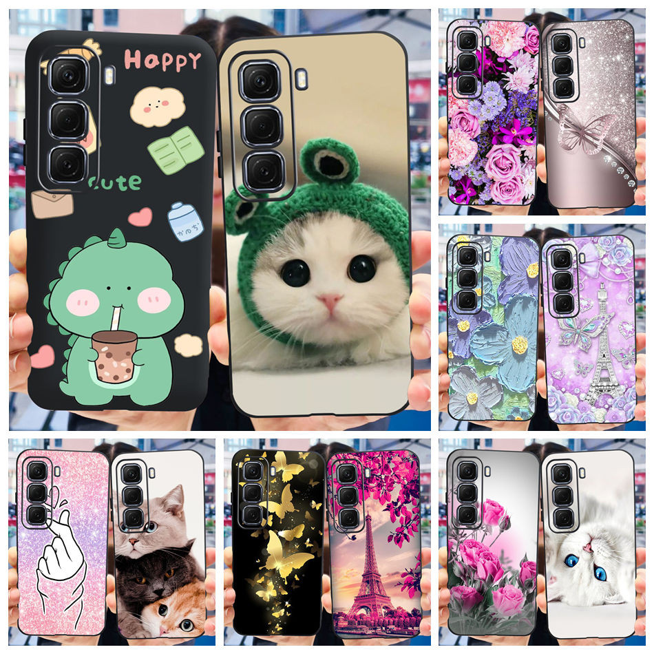 Infinix Hot 50 4G X6882 น่ารักไดโนเสาร์แมวทาสีปลอก Hot50 4G สีดําซิลิโคนนุ่ม TPU เคสโทรศัพท์