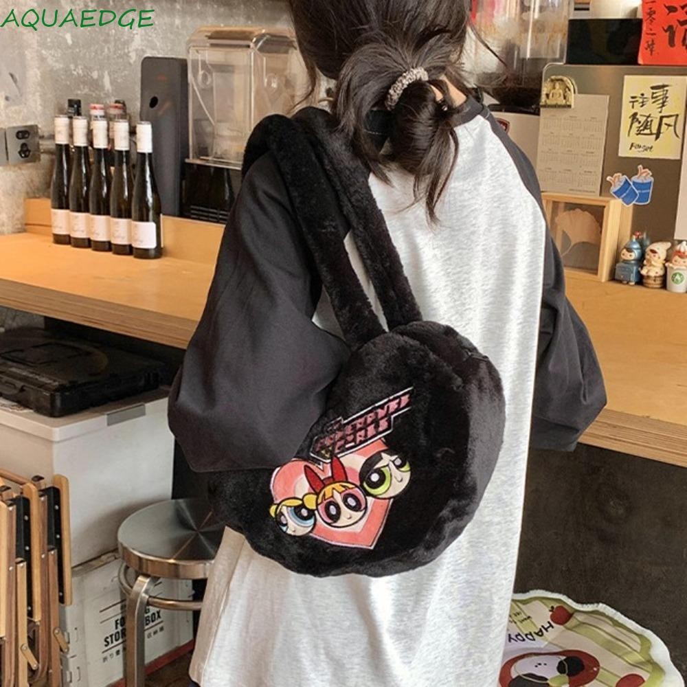 Aquaedge Plush กระเป๋าสะพายไหล่เดี่ยว, Powerpuff Girls Love Heart กระเป๋าถือน่ารัก, แฟชั่นการ์ตูนสีดํา Fluffy Tote กระเป๋าผู้หญิง