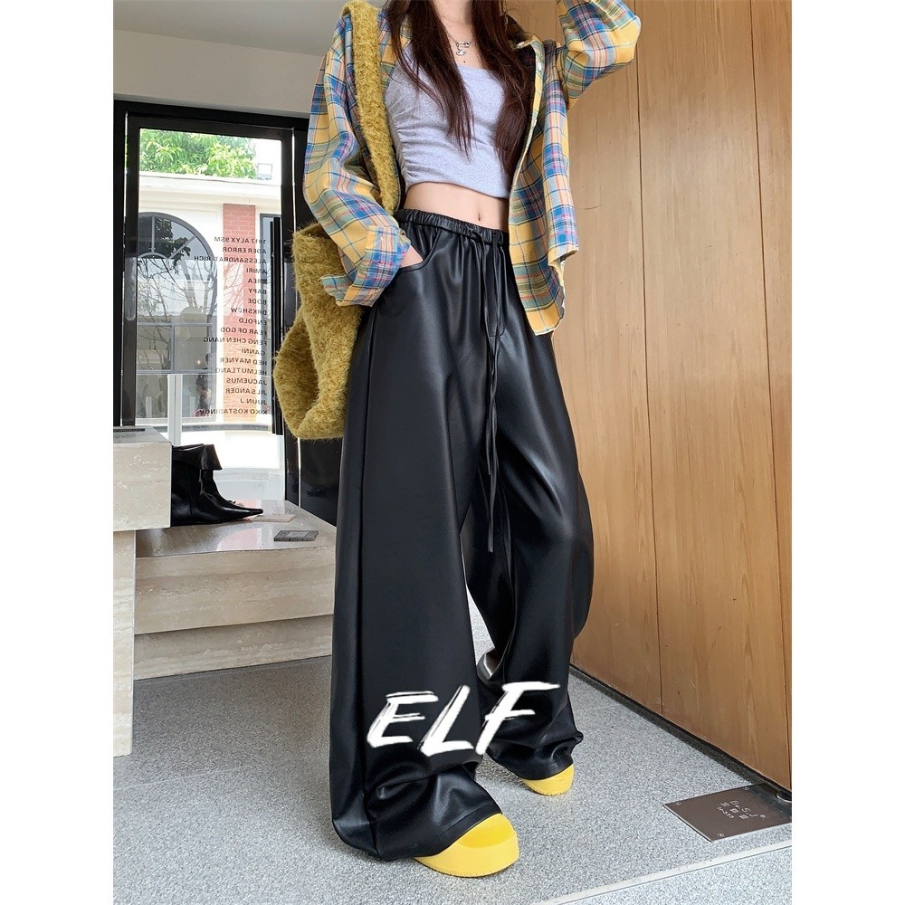 ELFwoo กางเกงหนัง ปู่ สีดําเอวสูงกว้างสําหรับผู้หญิง