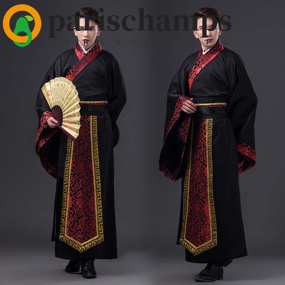 Parischamps ชายจีน Hanfu, ชุดเครื่องแต่งกายเวทีโบราณผู้ชายจีนชุดโบราณ, สไตล์จีนคอสเพลย์เต้นรําพื้นบ้านผู้ชายขนาดใหญ่เครื่องแต่งกายโบราณผู้ชาย