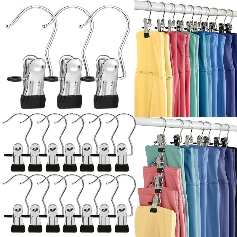 ที่หนีบผ้าสแตนเลสประหยัดพื้นที่-ซักรีดหมุดเสื้อผ้าพร้อมตะขอ-ไม้แขวนกางเกง-แบบพกพาแขวนคลิปเสื้อผ้า-ตู้เสื้อผ้าเสื้อผ้าจัด