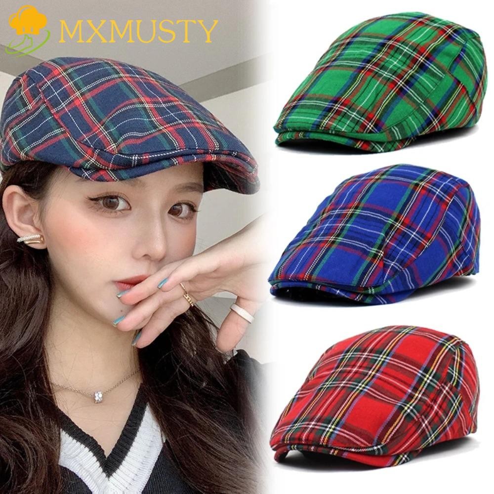 Mxmusty ลายสก๊อตหมวกเบเร่ต์,ระบายอากาศย้อนยุคอังกฤษไปข้างหน้าหมวก,หมวกปีกโค้ง แหลม ผ้าฝ้ายบังแดดผ้าจิตรกรโรงเรียน
