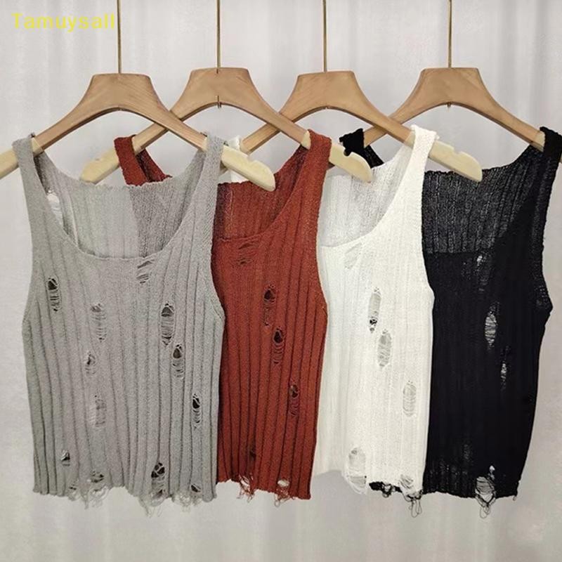 [TAMU] สาวร้อนเซ็กซี่ Hollow Ripped U-neck แขนกุดสีทึบเสื้อกั๊กถักบาง YSA