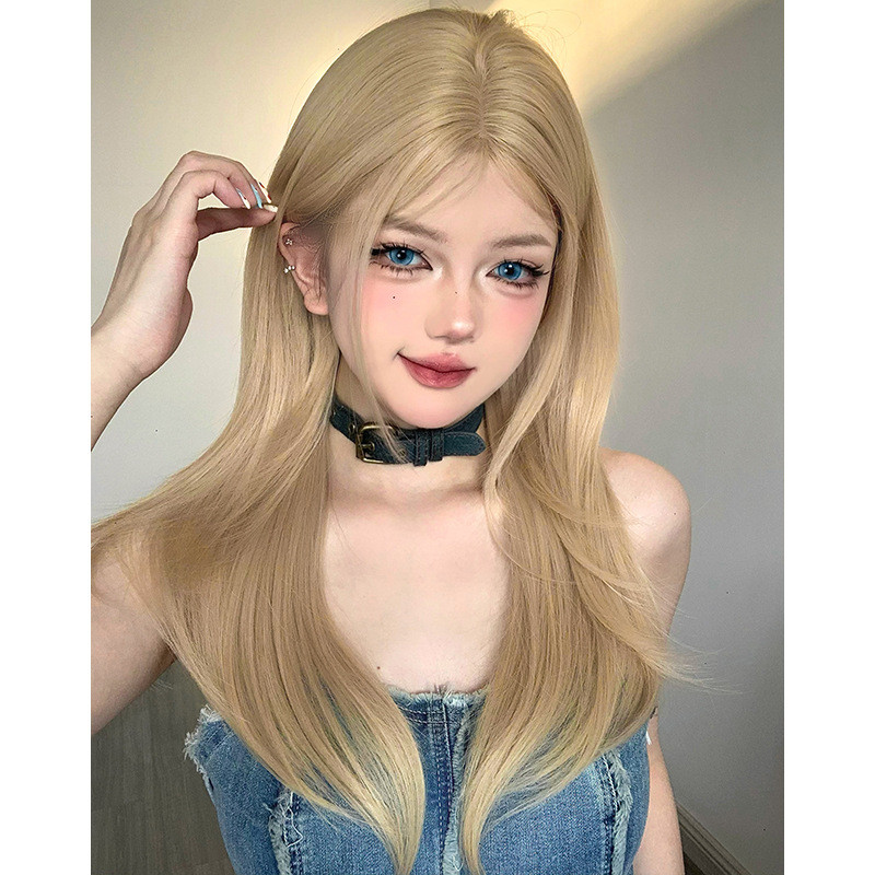 7jhh WIGS วิกผมหญิง SZ2050 ผมยาวตรงแบนลูกไม้ตะขอมือกลางความยาวผมยาวสีขาวทองเส้นใยเคมีจําลอง Full Top Full Headgear ขายส่ง
