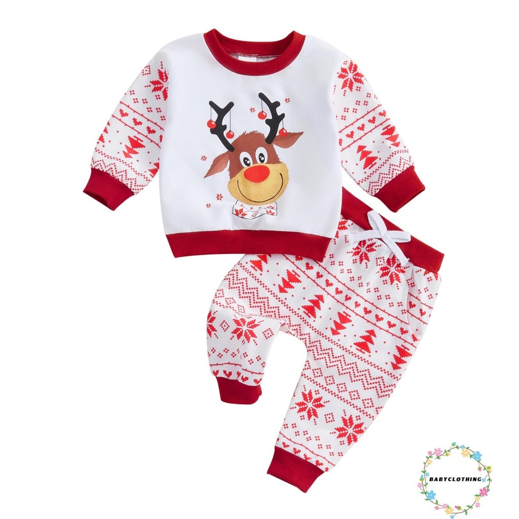 Babyclothes-ชุดกางเกงคริสต์มาสสําหรับเด็กผู้ชายชุดแขนยาวพิมพ์ลายกวางเสื้อกันหนาวกางเกงมีเชือกรูด