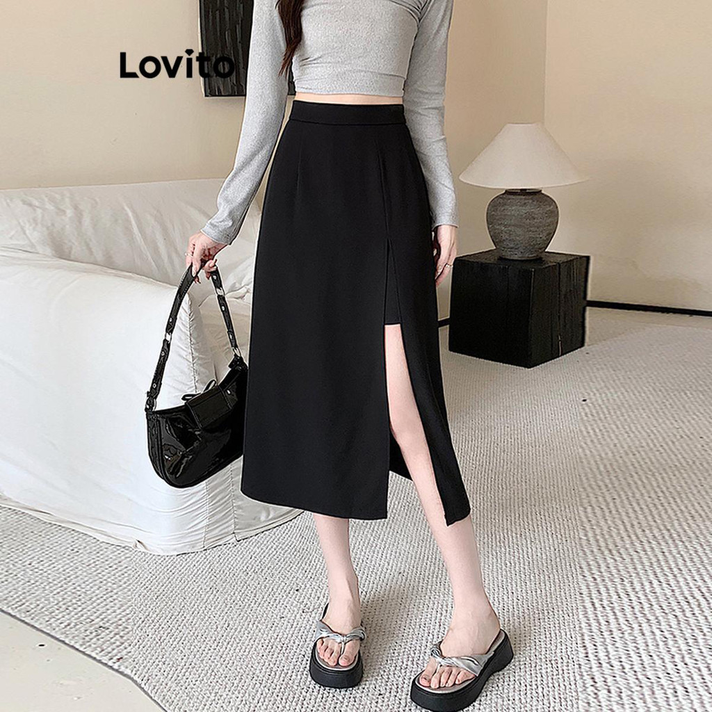 Lovito กระโปรงผู้หญิง ผ่าหน้า สีพื้น สไตล์ลำลอง LNE60464