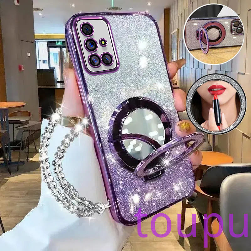 เคส Samsung A51 A71 M51 เคสโทรศัพท์กลิตเตอร์เคลือบด้วยไฟฟ้าหรูหราพร้อมที่ใส่กระจกแต่งหน้าความงามพร้อมสร้อยข้อมือเคสแบบนุ่ม กรณีโทรศัพท์ Samsung A51 A71 M51