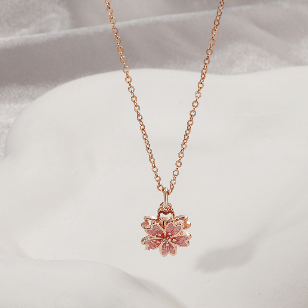 Love2Self X085 หวานสแตนเลสสีชมพูสร้อยคอซากุระ Non Tarnish ผู้หญิง Rose Gold สร้อยคอ