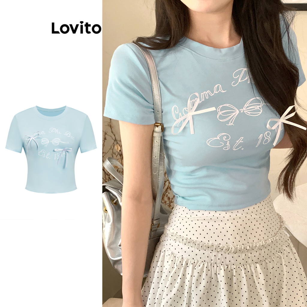 Lovito เสื้อยืดสีบล็อกผูกโบว์น่ารักสำหรับผู้หญิง L110AD110