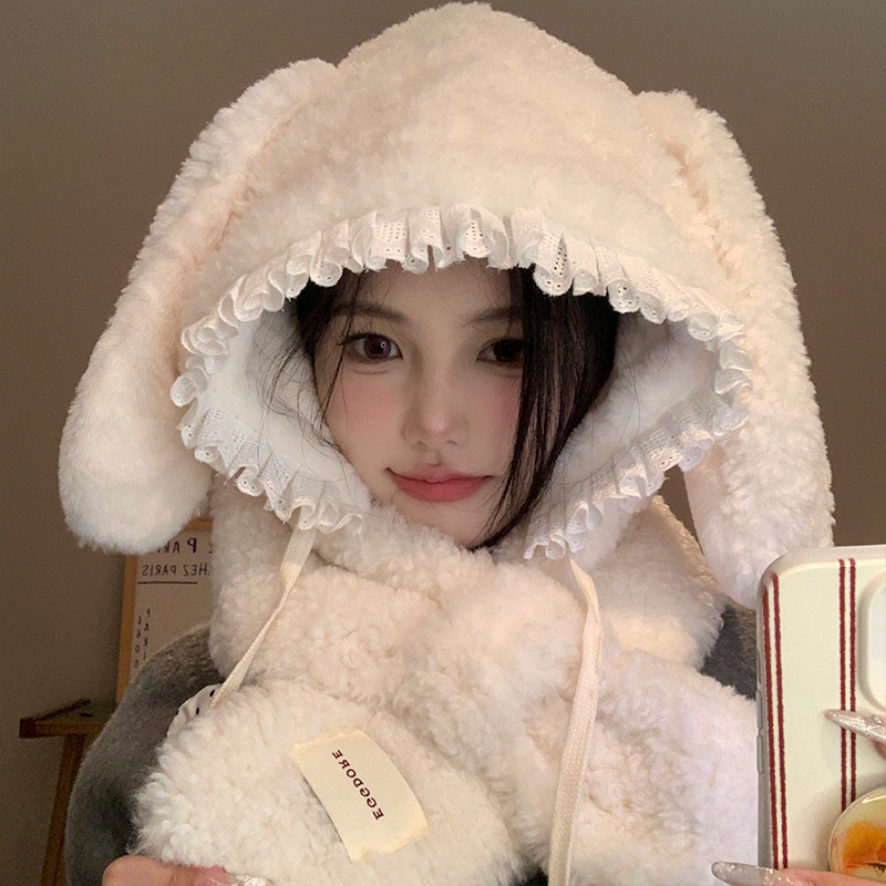 น่ารักตุ๊กตากระต่ายหูหมวกผ้าพันคอหนึ่งหญิง2024ฤดูใบไม้ร่วงฤดูหนาวหนาป้องกันหูที่อบอุ่นเสื้อสวมหัวหมวก ราคา ถูกที่สุด ดีลบีเคเค แกลเลอรีภาพที่ 4