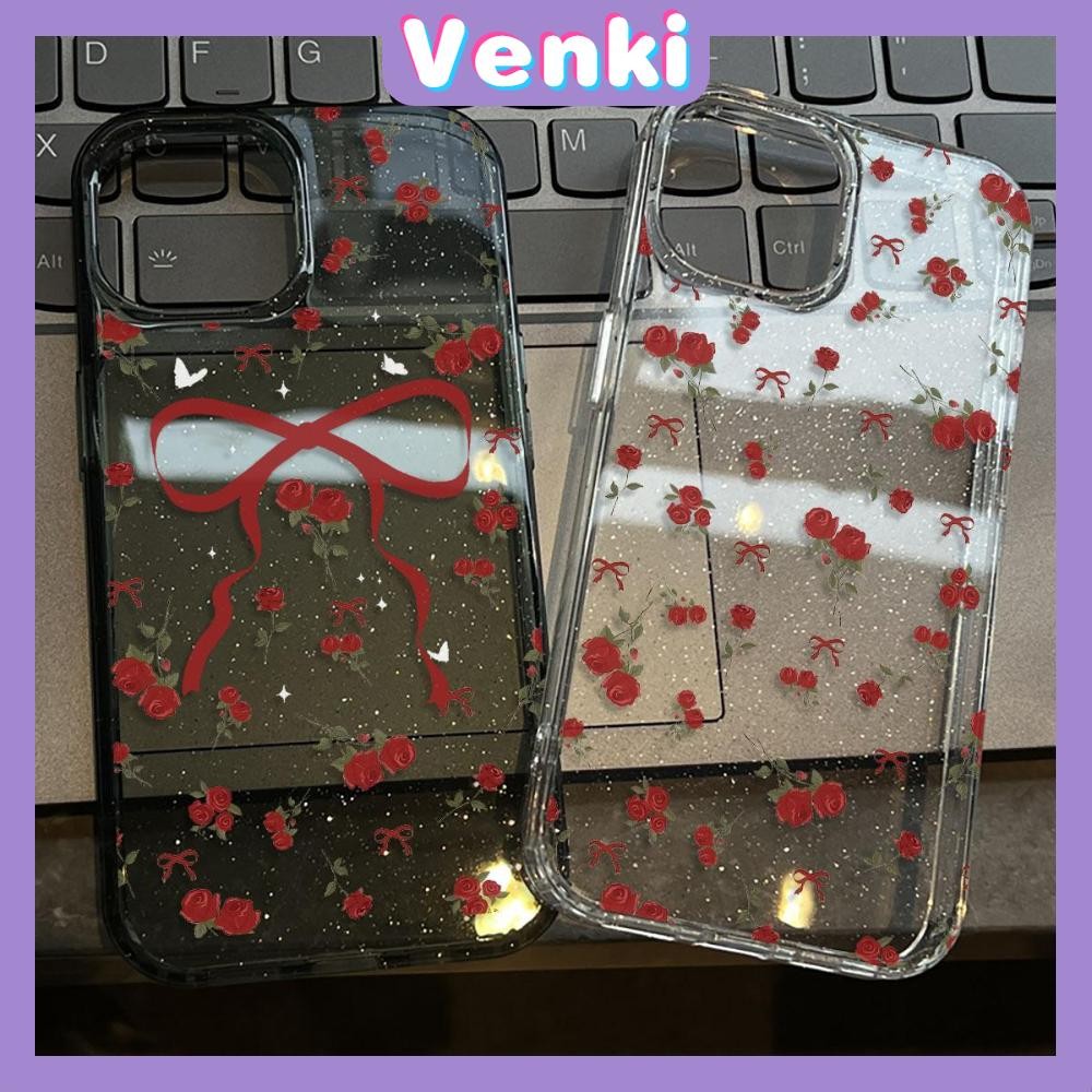 Venki - เคส iPhone 16 Pro Max iPhone 11 เคสใสแบบแวววาว TPU นุ่มสีสันสดใส โบว์สีแดงและดอกไม้ที่สวยงาม Compatible iPhone15 Pro max 14 13 12 Pro max XS XR 7 Plus 8 Plus
