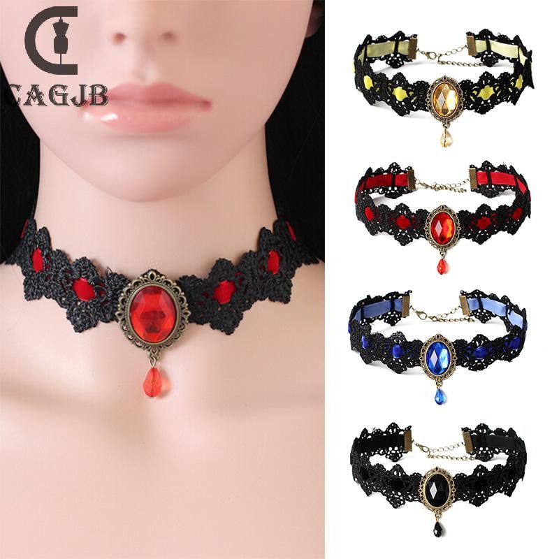 [SSNE] สร้อยคอลูกไม้สีดําคอเค้นคอกํามะหยี่คริสตัลวินเทจโซ่โกธิคจี้ UOM