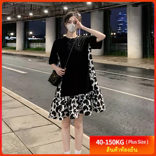 【Oversize Dress】(40-150 กก.) แขนสั้น พลัสไซส์ มินิเดรส ทรงเอ ลายดอกไม้ ประกบ หลวม เดรสแฟชั่นเกาหลี Plus Size Dress