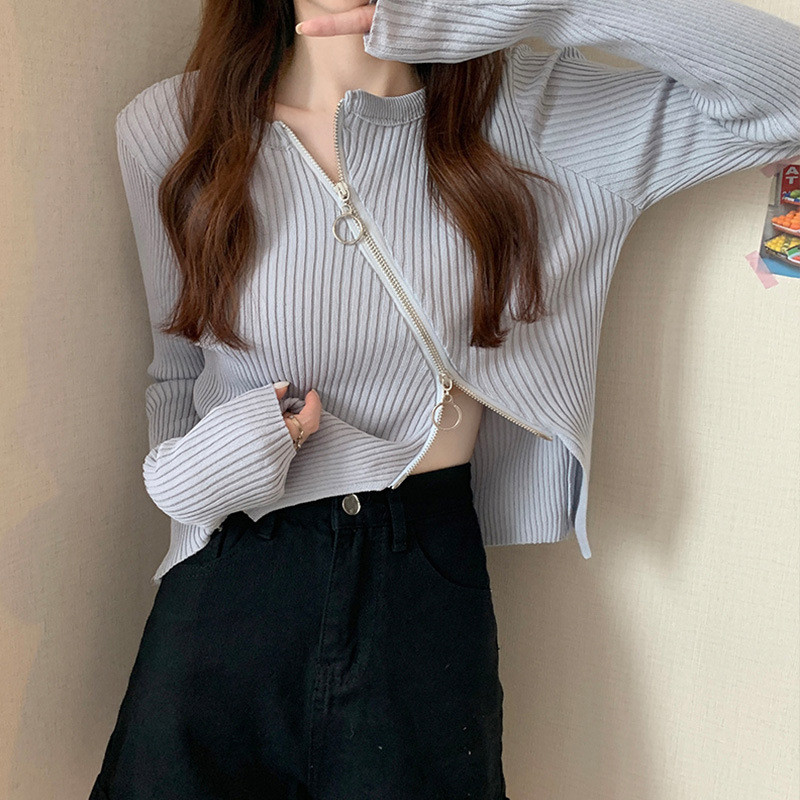 เสื้อสเวตเตอร์แขนยาวผู้หญิงถักนิตติ้งสองทาง