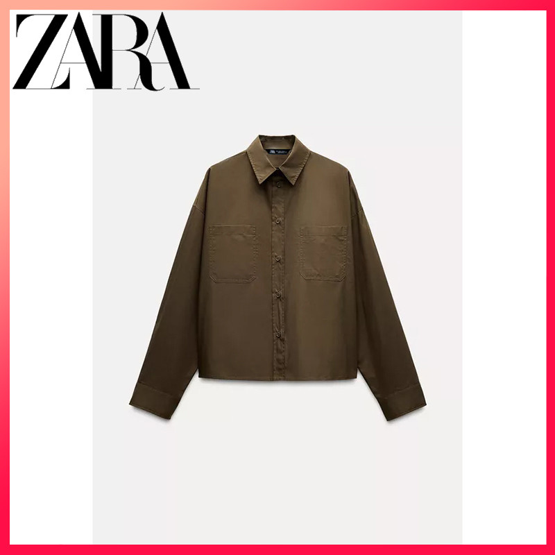 ZARA ซาร่า ฤดูใบไม้ร่วงและฤดูหนาวสินค้าใหม่เสื้อผ้าสตรีเสื้อเชิ้ตสั้น ป๊อปลิน