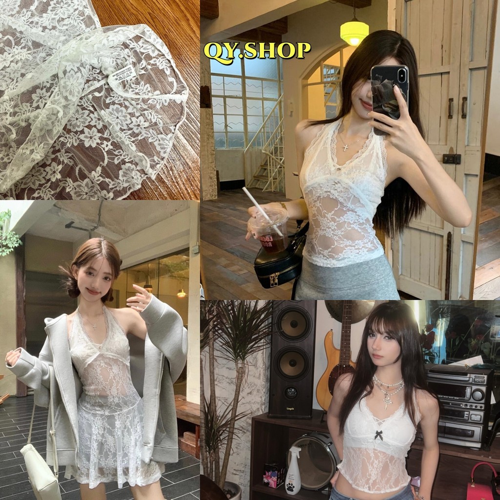 QY.Shop สินค้าราคาพิเศษ เสื้อคล้องคอลูกไม้ สีขาว เกาหลีสไตล์ ใส่สบายเซ็กซี่เบาๆ "M0559/M0771"