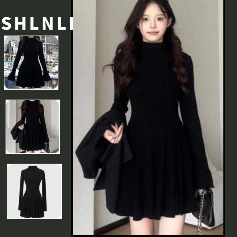 ฤดูใบไม้ร่วงและฤดูหนาวของผู้หญิงฝรั่งเศสกึ่งคอสูงบางชุดเอว Cinched Flared Sleeve A-line Dress