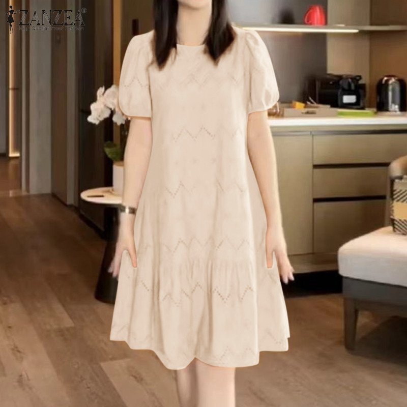 Zanzea ชุดเดรสคอกลมแขนสั้นพัฟลําลองเกาหลีสําหรับผู้หญิง — صورة 6