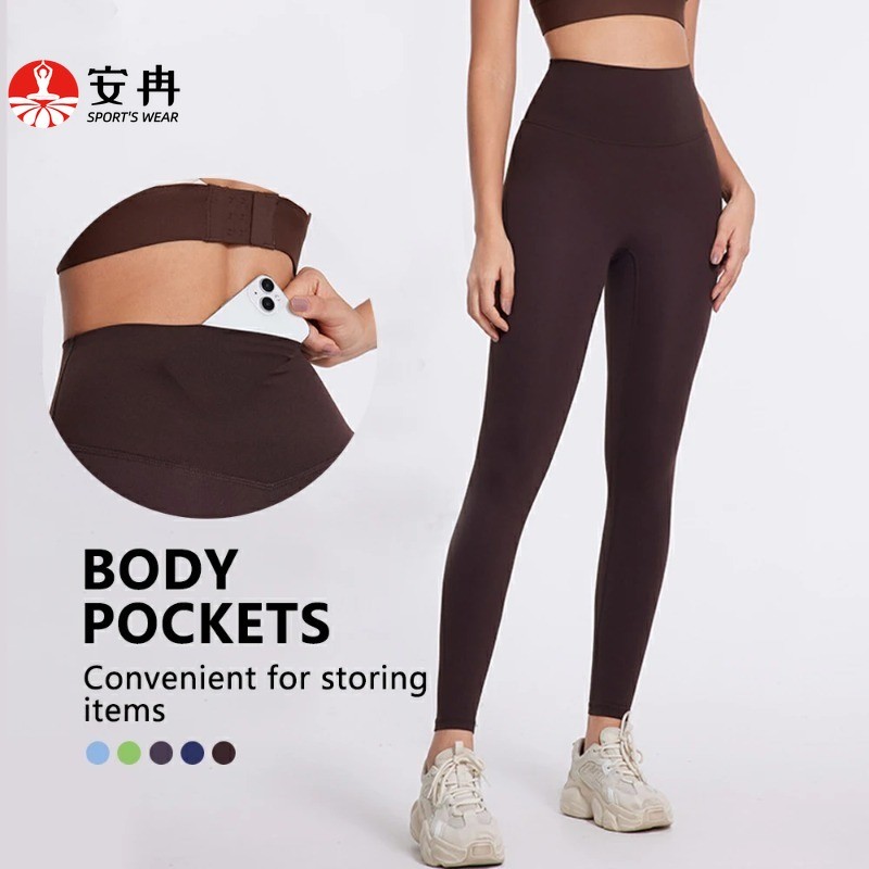 Anranกางเกงกีฬาเอวสูงกลับกระเป๋าไม่มีกางเกง T-stitch Gym Cycling