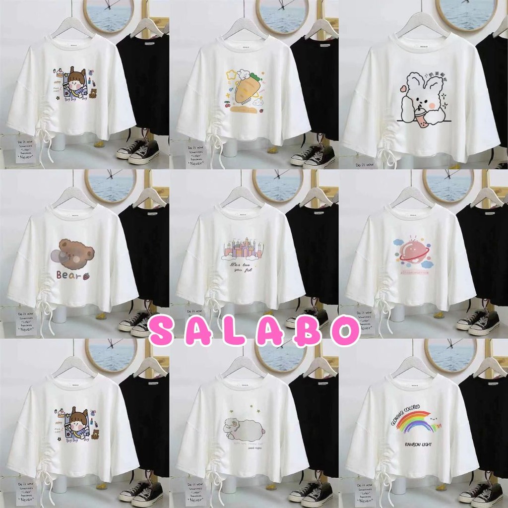 SALABO(พร้อมส่ง) 15ลาย เสื้อยืดแขนสั้น ครอปแขนสั้นคอกลม ทรงหลวม เเต่งเชือกรูดข้างๆเก๋ แขนสามส่วน #A32