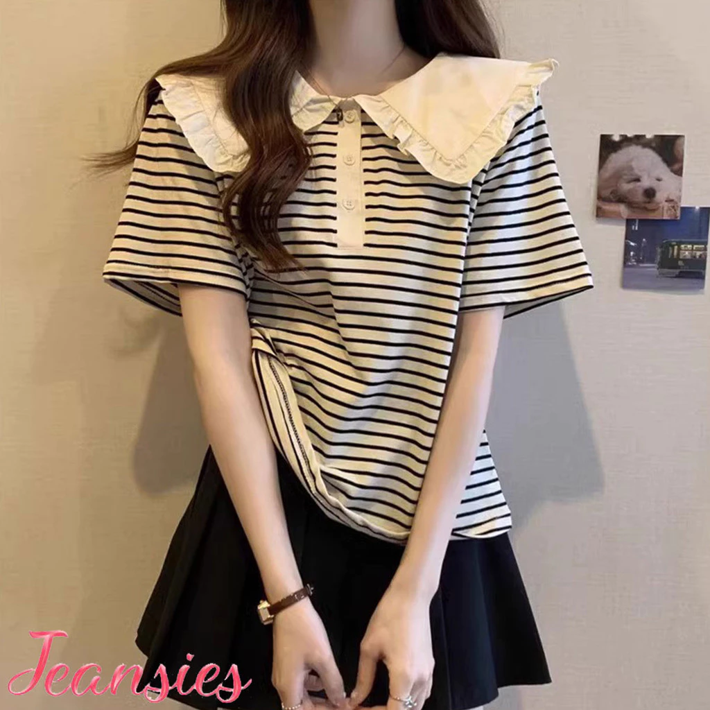 เสื้อยืดแขนสั้นคอปีกลายทาง สวมใส่สบายสำหรับฤดูร้อน