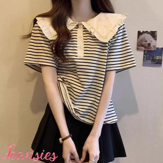เสื้อยืดแขนสั้นคอปีกลายทาง สวมใส่สบายสำหรับฤดูร้อน