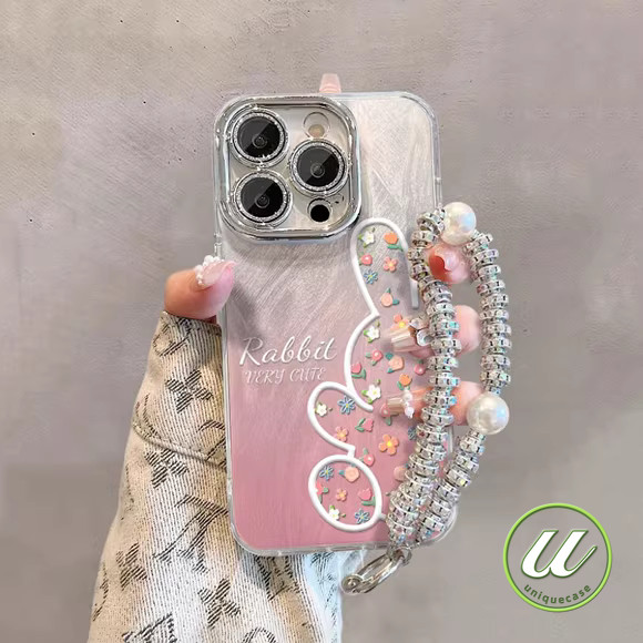 การ์ตูนกระต่ายฤดูใบไม้ผลิดอกไม้กำไลแฟชั่น เคส IPhone 11 15 12 14 16 13 Pro Max X 7Plus XS MAX XR 15 14 16 8 Plus SE 2020